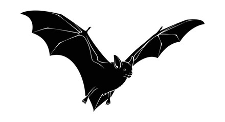 Fototapeta premium Black bat silhouette flying with spread wings, nocturnal animal vector illustration, spooky halloween bat icon isolated on white background