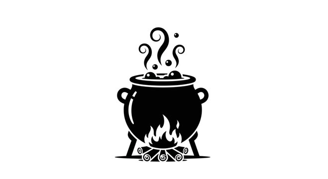 Witch cauldron silhouette with bubbling magic potion, mystical boiling pot over campfire, spooky Halloween cauldron vector icon