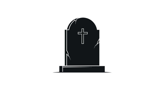 Spooky Halloween tombstone vector icon, black gravestone with christian cross and cracks, cemetery headstone silhouette for funeral or horror design