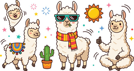 Obraz premium Cute Llama and Alpaca Cartoon Character Sticker Set Featuring Cool Pixel Glasses Scarf Cactus Sun and Thumbs Up Vector Illustration for Kids Graphic Designs