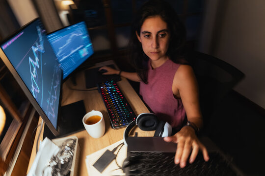 woman Trading and analysing financial Stock charts on Multiple Screens