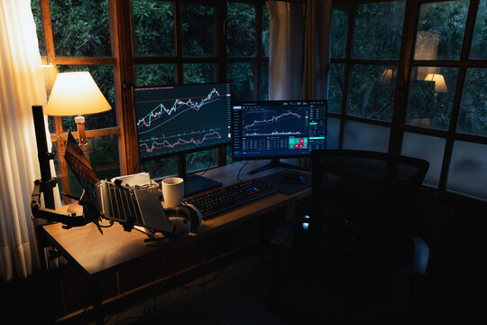 Trading Stock on Multiple Screens at Home at night