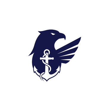 Bold heraldic eagle emblem with white nautical anchor and coiled rope on light gray background
