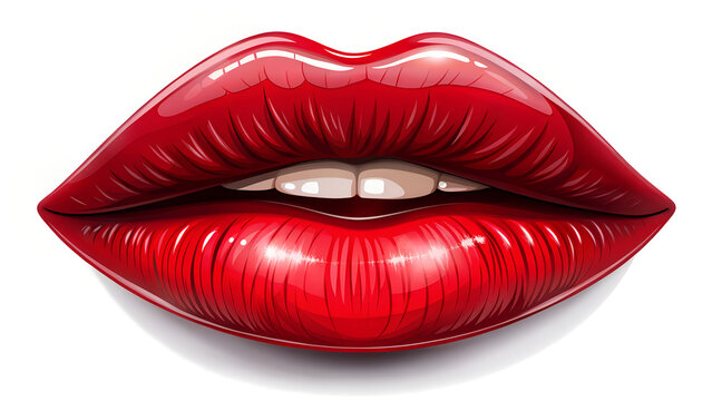 Full red lips with shiny gloss and white teeth showing, sensual close up shot of beautiful mouth