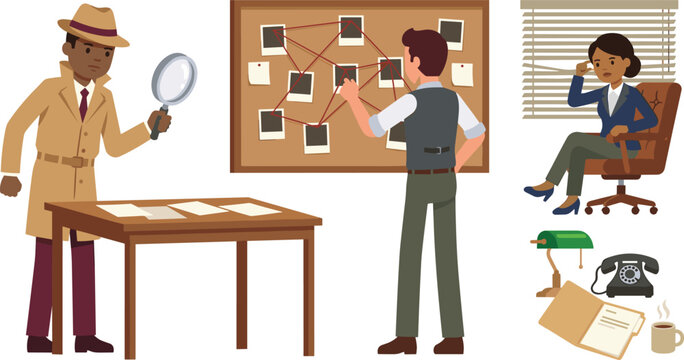 Detective and Private Investigator Vector Character Set Featuring Evidence Board Magnifying Glass Trench Coat Spy Office Window Blinds and Vintage Phone Elements