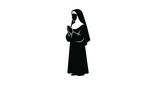 Praying nun in habit black silhouette against a white background