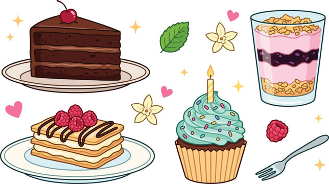 Sweet Dessert and Bakery Vector Clipart Set Featuring Chocolate Cake Birthday Cupcake Raspberry Mille Feuille Pastry Yogurt Parfait and Vanilla Flower Elements