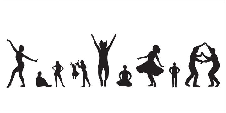 Black silhouettes of five young people dancing modern hip hop style in energetic poses on a white background vector illustration.