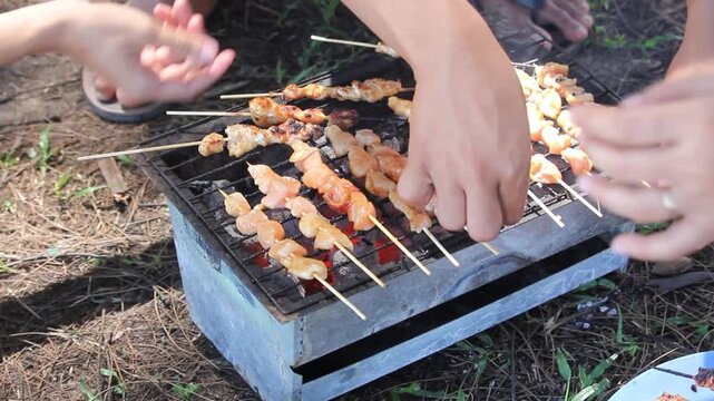 Chicken satay skewers grilling over glowing hot charcoal on an outdoor barbecue rack during a cooking session