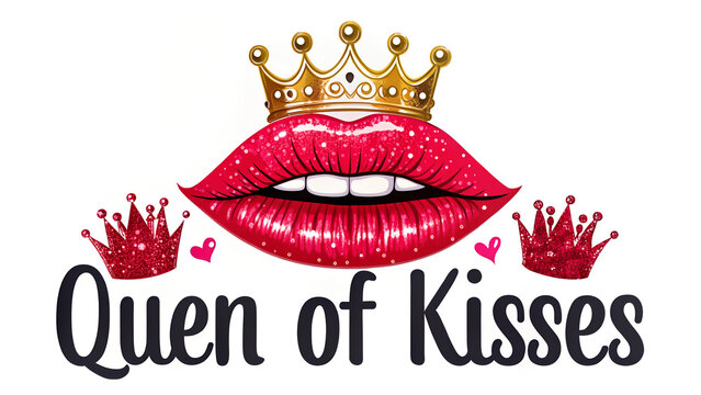 Queen of kisses design with sparkling pink lips and golden crown with glittery details