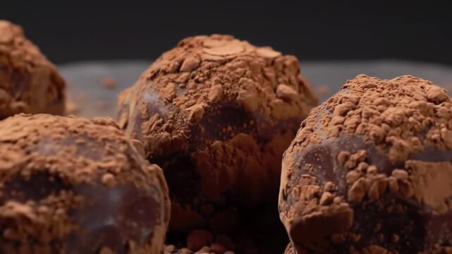 Extreme close-up shot of dark chocolate truffles heavily dusted with fine brown cocoa powder, arranged on a dark surface with a blurred black background for high contrast.