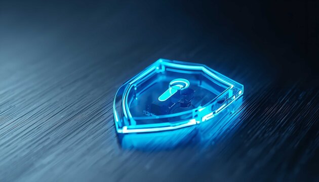 Glowing blue digital shield icon featuring a secure lock symbol rendered in a futuristic style with sharp metallic textured surfaces