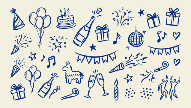 Hand drawn party doodle vector illustration set with champagne balloons gifts disco ball and celebration elements
