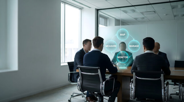 Business professionals in a meeting room analyzing a digital data visualization interface with map, measure, manage, and monitor concepts for Healthcare