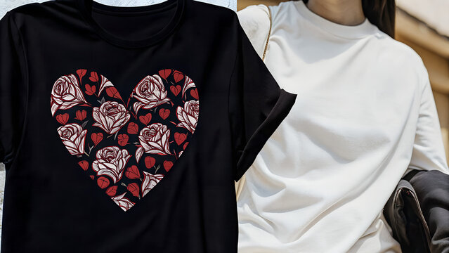 Black t-shirt with heart pattern of red and white roses