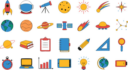 Set of colorful space and school pixel art icons © Riddhi