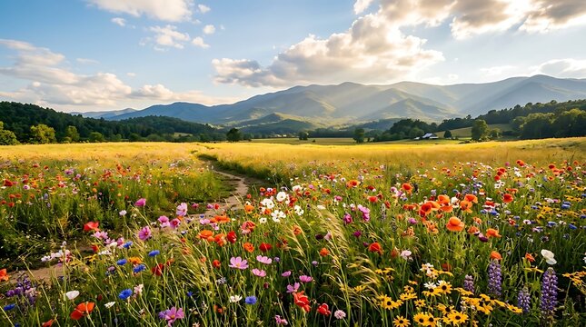 Vibrant wildflower meadow with mountain view in cades cove, great smoky mountains