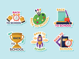 Fototapeta premium School themed Stickers With Text Colorful Vector Illustrations