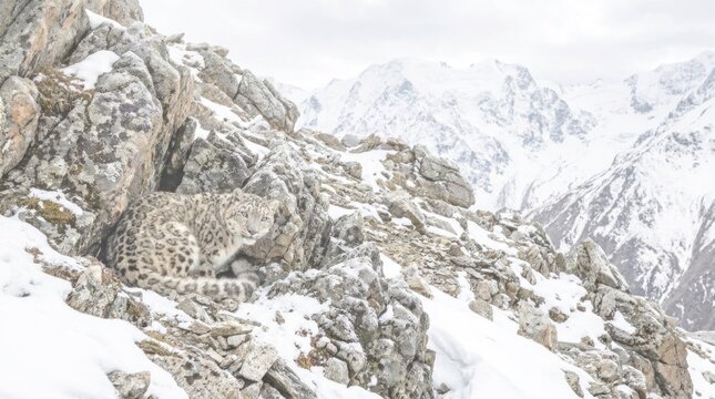 A snow leopard cub sitting on a rocky outcrop with a snowy mountain range in the background.