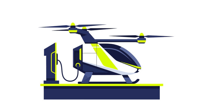Futuristic Electric Vertical Take-Off and Landing (eVTOL) Passenger Drone Charging at a Station, Urban Air Mobility Concept, Vector Illustration on White Background