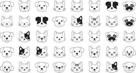 Fototapeta premium Collection of cute cartoon dog and cat faces in black and white line art