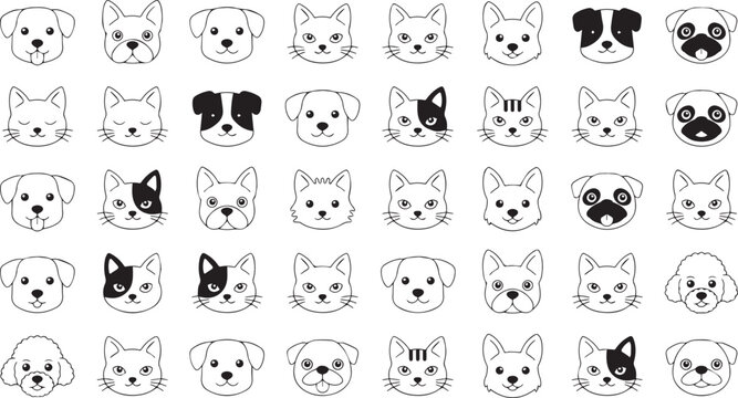 Collection of cute cartoon dog and cat faces in black and white line art