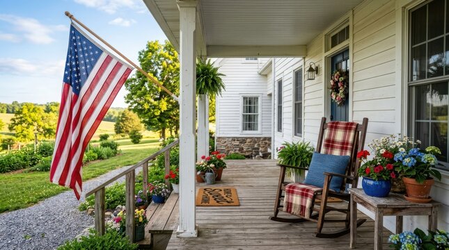 American home patriotism front porch with US flag and rocking chair