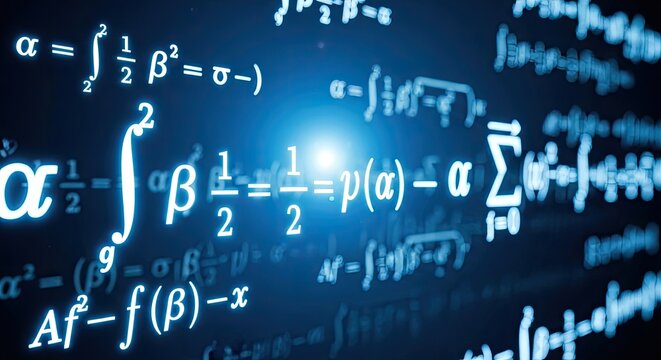 Glowing mathematical formulas and equations on a blue background