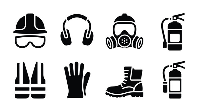 A set of eight minimalist black and white safety icons including a hard hat, headphones, gas mask, fire extinguisher, goggles, gloves, boots, and another fire extinguisher.