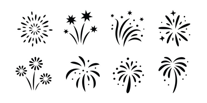 Black and white icons of various fireworks exploding in night sky with sparks and stars