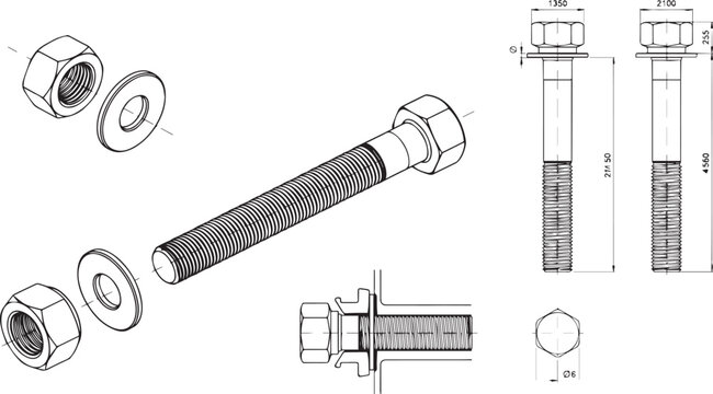 Detailed technical drawing of bolt and nut assembly with measurements