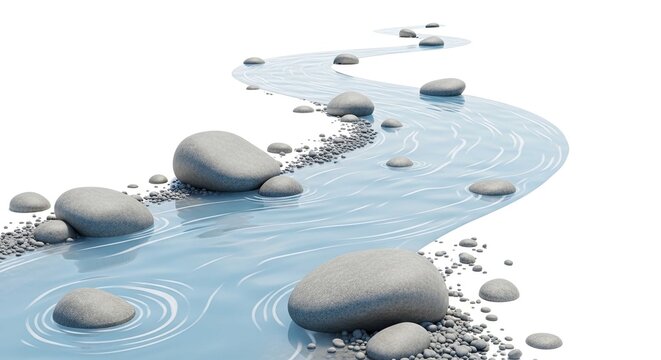 Winding stream with smooth pebbles on white background.