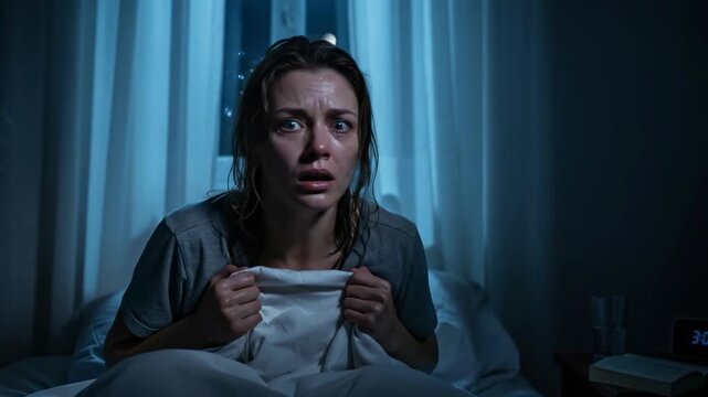 Experiencing a severe panic attack, a young woman overwhelmed by intense fear, anxiety, and mental distress, enduring a sleepless night in her dark bedroom alone