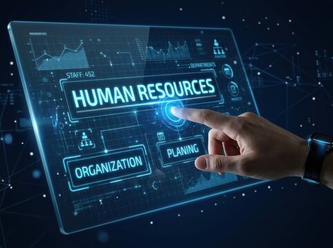Digital human resources management system interface with data analytics and employee organization tools