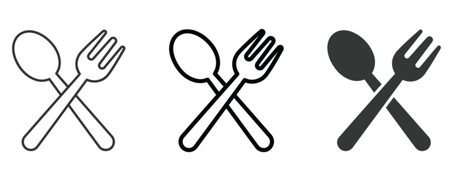 Set of three crossed spoon and fork icons representing dining and restaurant themes with restaurant silverware collection tableware catering hospitality kitchenware breakfast culinary