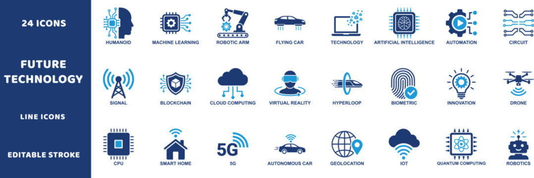 Future technology vector icons. Smart innovation industry line signs set. Machine learning robot icon