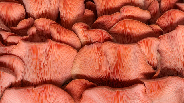 Macro of the underside of pink oyster mushrooms