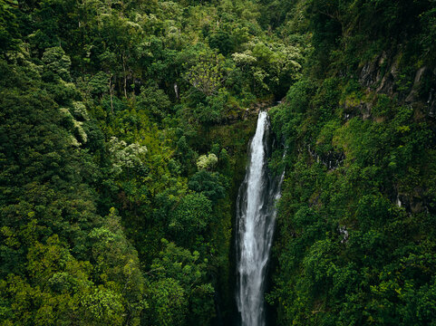 Aerial tropical waterfall in jungle canyon in Hawaii