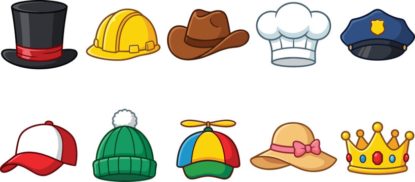 Professional Occupations and Diverse Headwear Vector Collection Featuring Top Hat Hardhat Cowboy Chef Police Beanie Propeller Cap and Royal Crown Icons