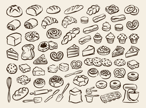 Hand drawn bakery and bread doodle vector illustration set with pastries desserts and baking elements collection