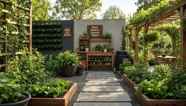 Organized backyard vegetable garden with raised planter beds and stone pathway vegetables backyard planters landscaping agriculture cultivation lifestyle sustainable productive