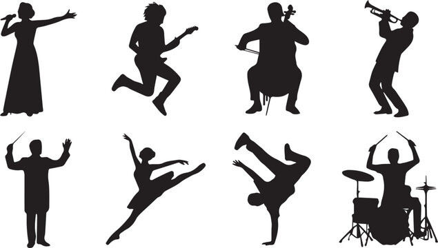 Musicians and Dancers Silhouette Set Including Guitarist Trumpeter Drummer Ballet Dancer Singer and Orchestra Conductor