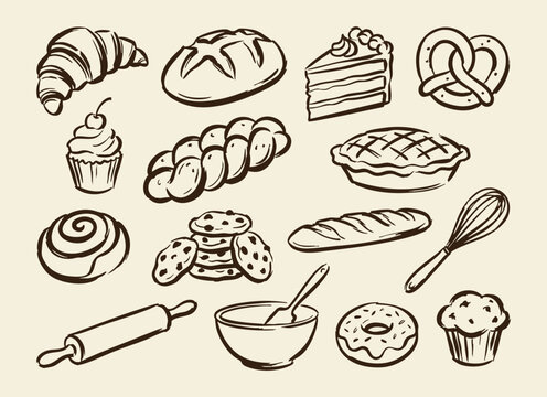 Hand drawn bakery doodle vector illustration set with bread pastries cookies and baking utensils collection