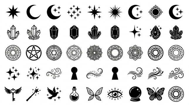 The mystical symbols and celestial icons arranged on a clean surface showcase various occult and astrological signs.