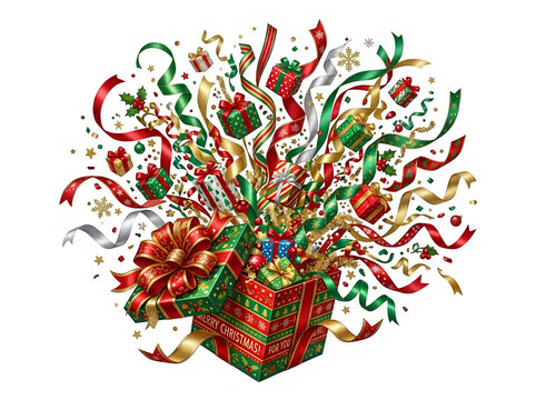 Christmas gift box exploding with colorful ribbons and presents isolated on transparent background