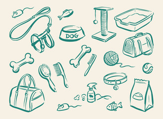 Fototapeta premium Hand drawn pet shop icons set, vintage sketch of cat and dog accessories, teal line art of grooming tools and animal care supplies