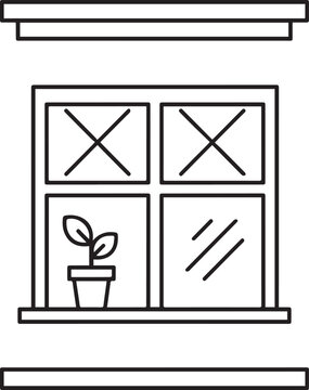 Line drawing of a closed window with a potted plant on the sill