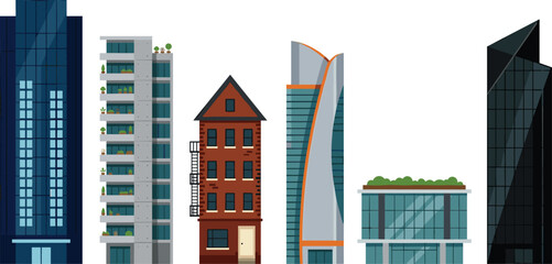 Modern City Buildings and Skyscrapers Vector Set Featuring Residential Apartment Tower Office Blocks Green Roof and Brick Townhouse Architectural Designs © Najir