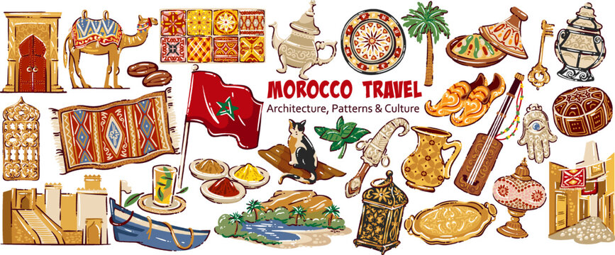 Morocco Travel Cartoon Set with camel, flag, rug, tiles, teapot, tajine, lanterns, palm, desert, boat and ornate doors. Culture icons for Morocco Travel, cartoon vector illustration.