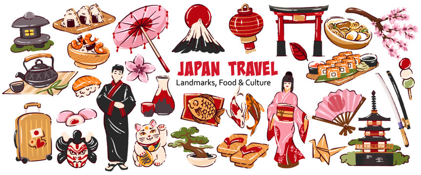 Japan Travel Cartoon Doodle Set with sushi, ramen, kimono, torii gate, lantern, sakura, koi fish and pagoda. Culture landmarks and food icons for Japan Travel, cartoon vector illustration